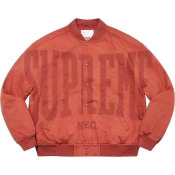 Red Supreme Washed Knockout Denim Varsity Jackets | ZA438PQ